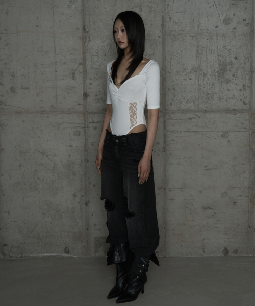 Wide Front Damage Denim Pants (Dark Gray)