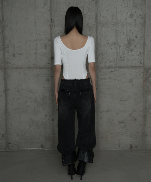 Wide Front Damage Denim Pants (Dark Gray)