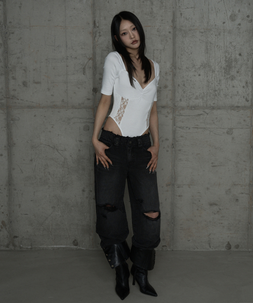 Wide Front Damage Denim Pants (Dark Gray)