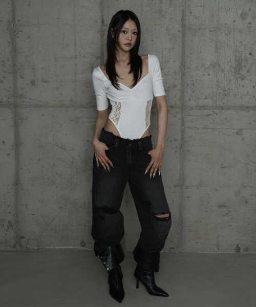 Wide Front Damage Denim Pants (Dark Gray)
