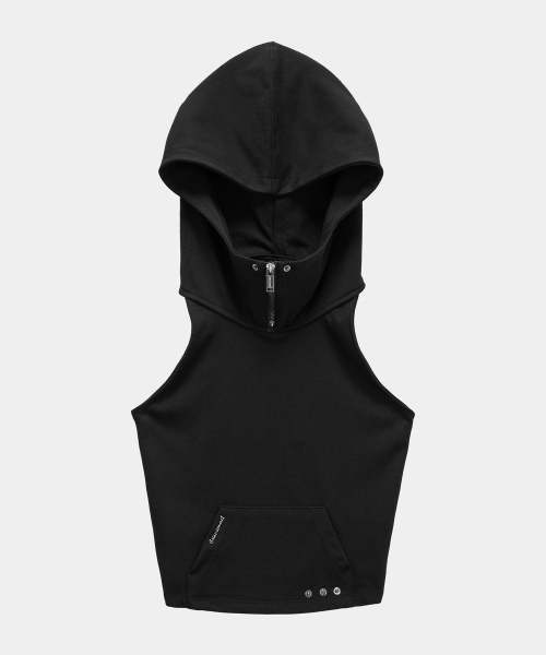 Zipper Halter Turtleneck Point Pocket Hoodie (Black)