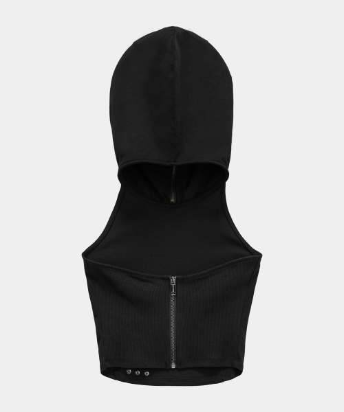 Zipper Halter Turtleneck Point Pocket Hoodie (Black)