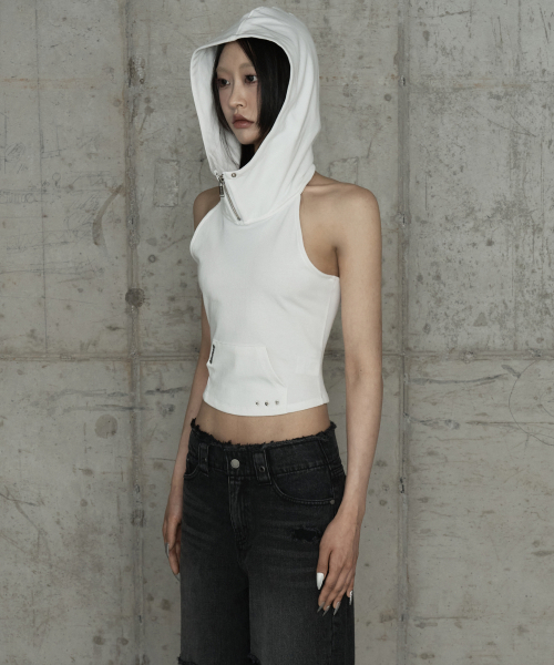 Zipper Halter Turtleneck Point Pocket Hoodie (White)