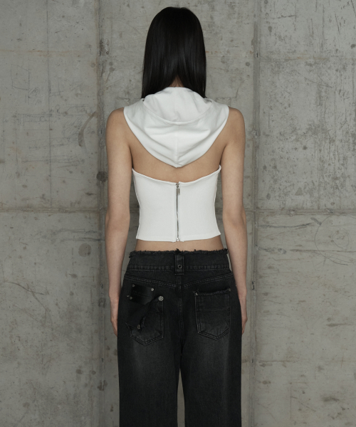 Zipper Halter Turtleneck Point Pocket Hoodie (White)