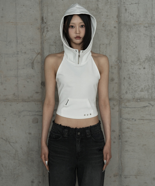 Zipper Halter Turtleneck Point Pocket Hoodie (White)