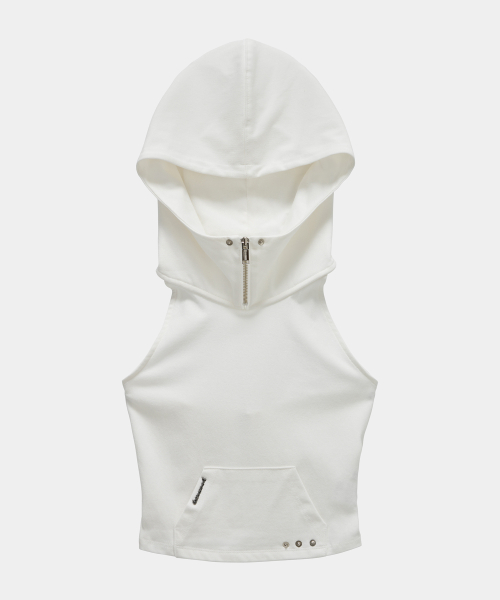 Zipper Halter Turtleneck Point Pocket Hoodie (White)