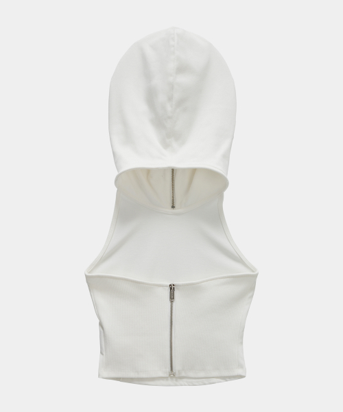 Zipper Halter Turtleneck Point Pocket Hoodie (White)