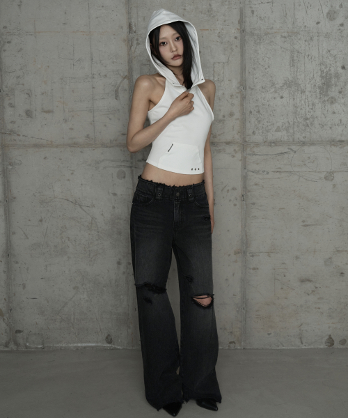 Zipper Halter Turtleneck Point Pocket Hoodie (White)