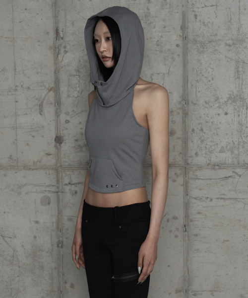 Zipper Halter Turtleneck Point Pocket Hoodie (Gray)