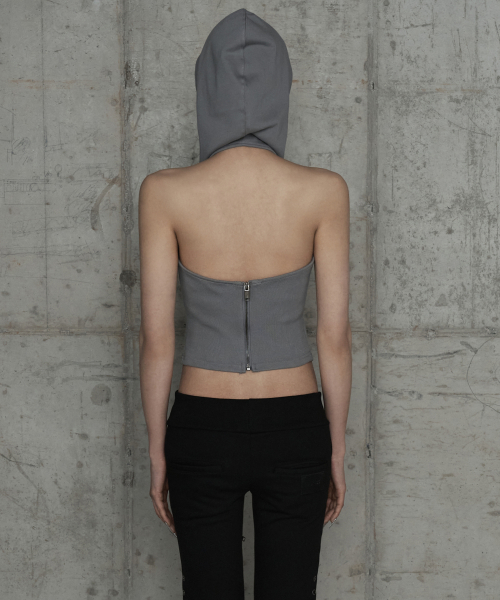 Zipper Halter Turtleneck Point Pocket Hoodie (Gray)