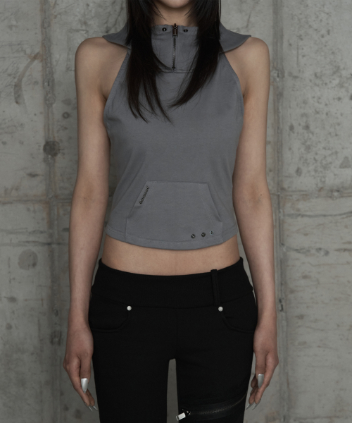 Zipper Halter Turtleneck Point Pocket Hoodie (Gray)