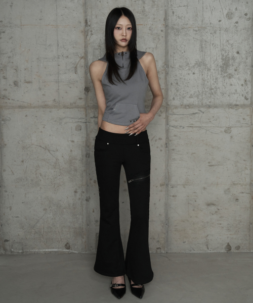 Zipper Halter Turtleneck Point Pocket Hoodie (Gray)