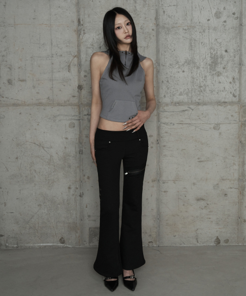 Zipper Halter Turtleneck Point Pocket Hoodie (Gray)