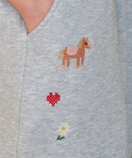 PONY CAT EMBROIDERY WIDE SWEAT PANTS GREY