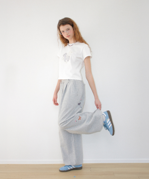 PONY CAT EMBROIDERY WIDE SWEAT PANTS GREY
