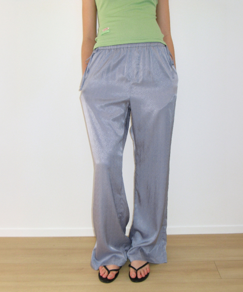 WAIST BOW TIE SHINING PANTS DUSTY BLUE