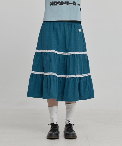 Lace Flare Midi Skirt BLUE GREEN