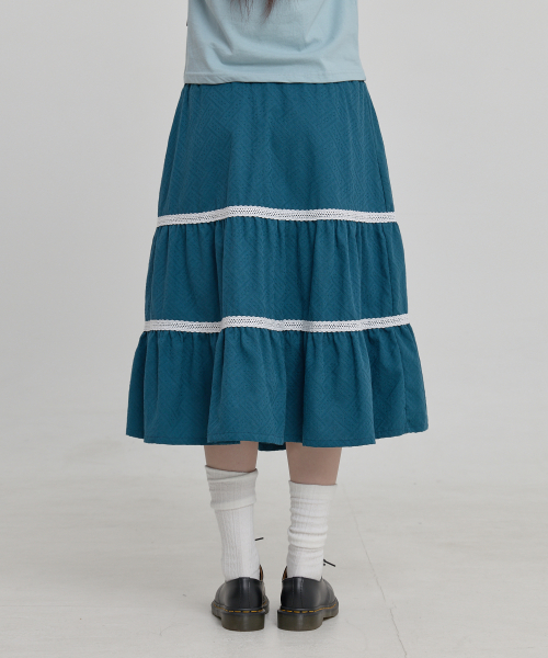 Lace Flare Midi Skirt BLUE GREEN