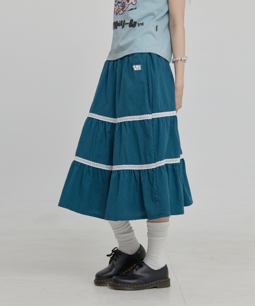 Lace Flare Midi Skirt BLUE GREEN