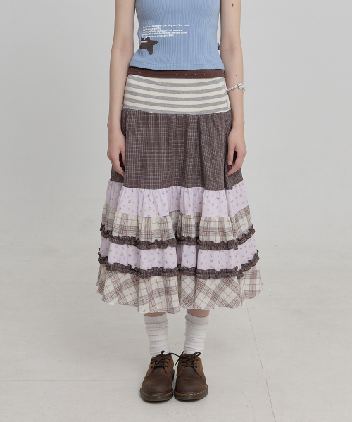 Mix Pattern Midi Skirt BROWN