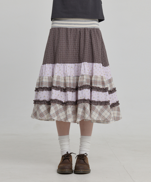 Mix Pattern Midi Skirt BROWN
