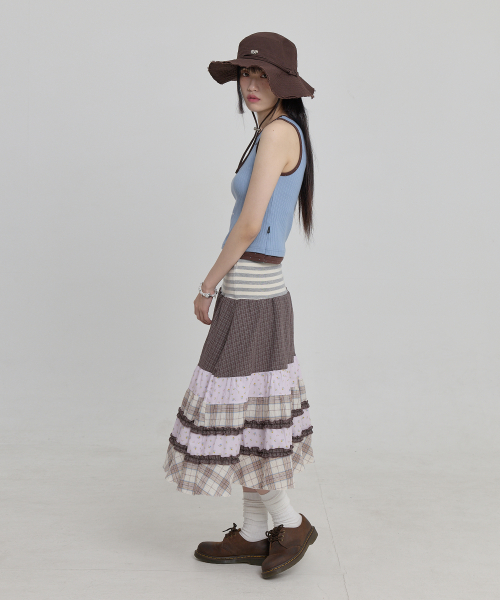 Mix Pattern Midi Skirt BROWN