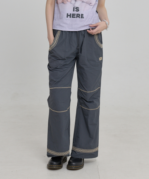 Lace Embroidery Boots Cut Cotton Pants CHARCOAL