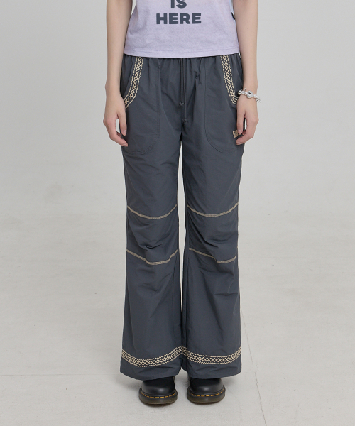 Lace Embroidery Boots Cut Cotton Pants CHARCOAL