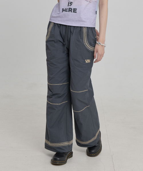 Lace Embroidery Boots Cut Cotton Pants CHARCOAL