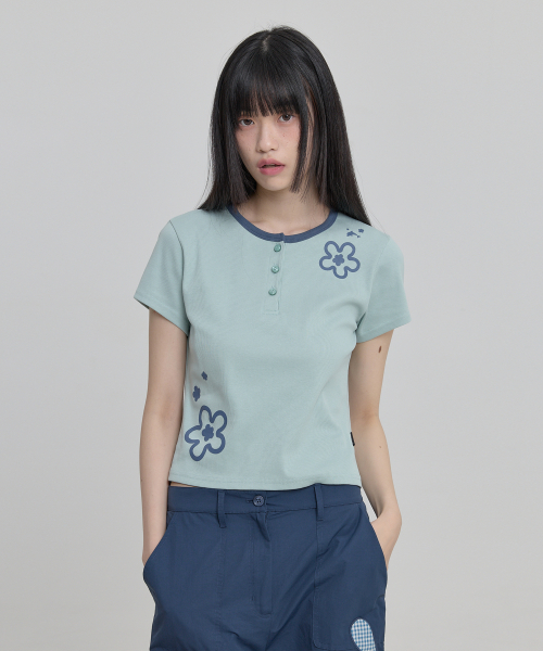 Flower Henley Neck Half Sleeve T-shirt MINT