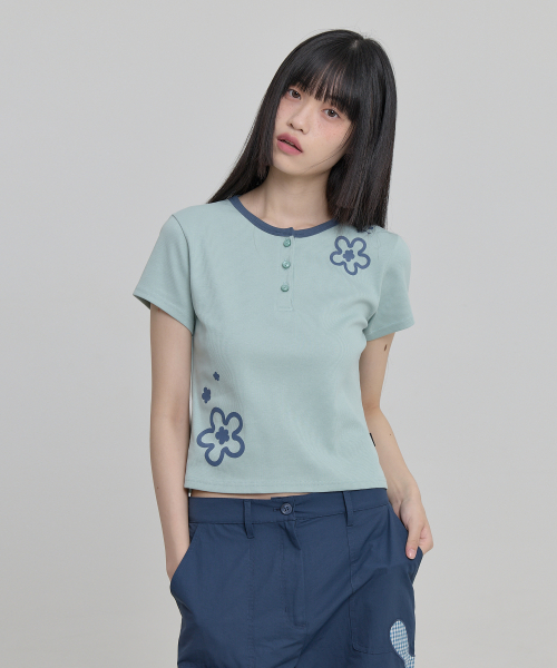 Flower Henley Neck Half Sleeve T-shirt MINT
