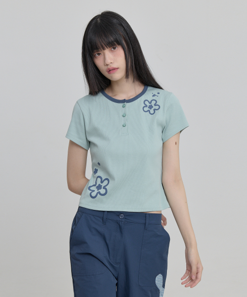 Flower Henley Neck Half Sleeve T-shirt MINT