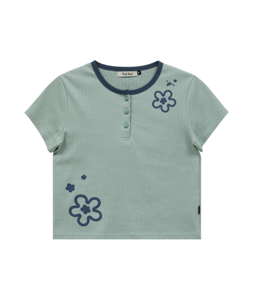 Flower Henley Neck Half Sleeve T-shirt MINT