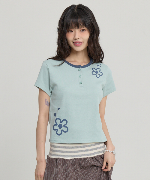 Flower Henley Neck Half Sleeve T-shirt MINT