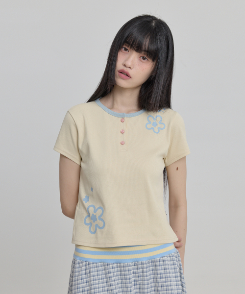 Flower Henley Neck Half Sleeve T-shirt LEMON