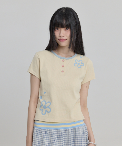 Flower Henley Neck Half Sleeve T-shirt LEMON
