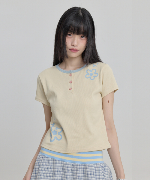 Flower Henley Neck Half Sleeve T-shirt LEMON