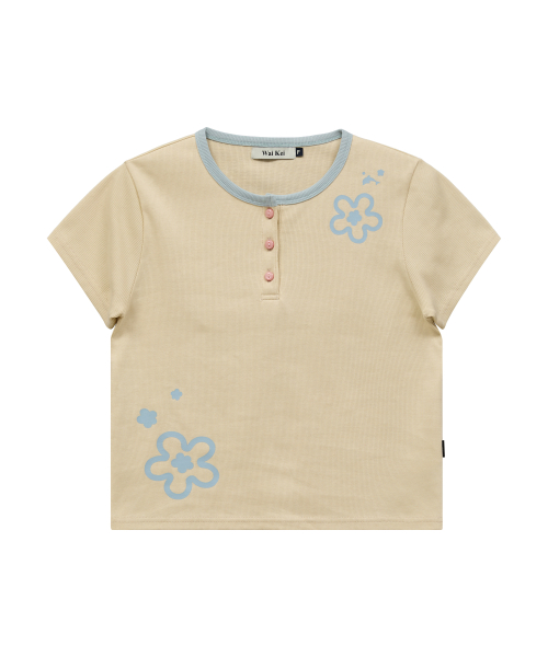 Flower Henley Neck Half Sleeve T-shirt LEMON