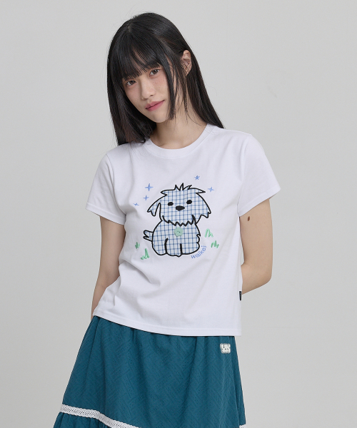 Maltese Check Applique Button Half T-shirt WHITE