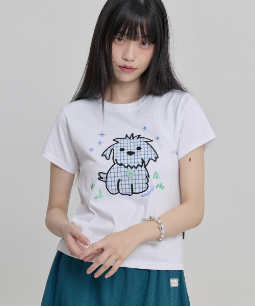 Maltese Check Applique Button Half T-shirt WHITE