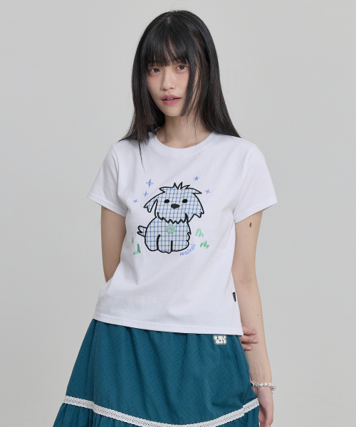 Maltese Check Applique Button Half T-shirt WHITE