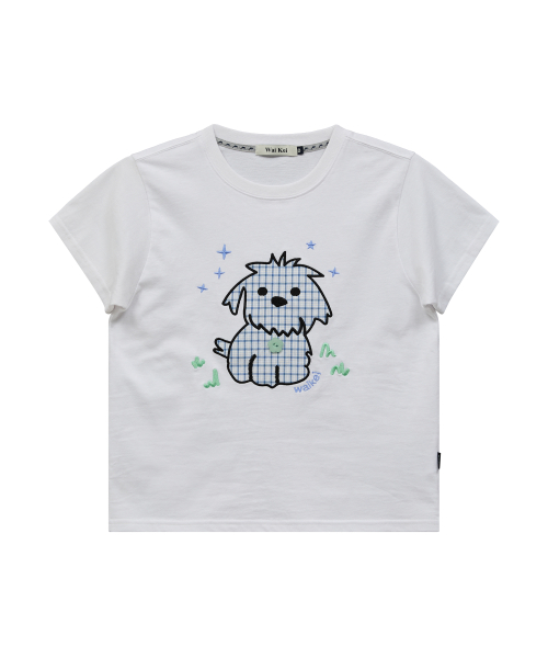 Maltese Check Applique Button Half T-shirt WHITE