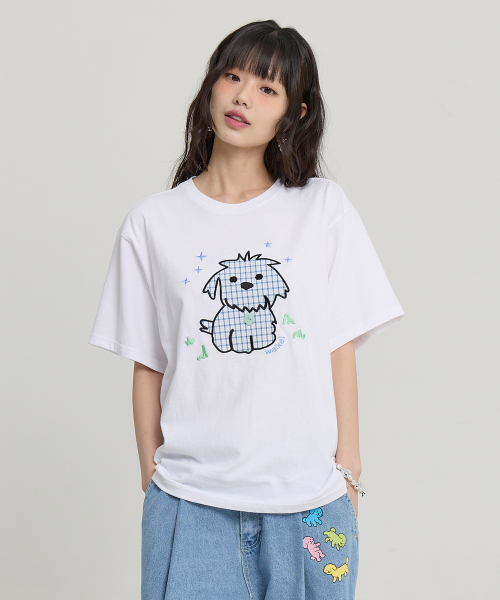 Maltese Check Applique Button Half T-shirt WHITE