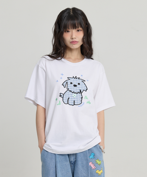 Maltese Check Applique Button Half T-shirt WHITE