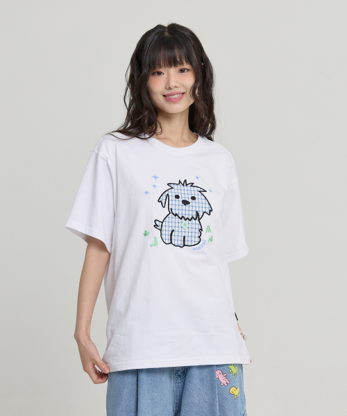 Maltese Check Applique Button Half T-shirt WHITE