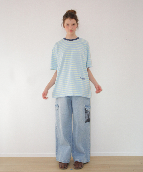 PONY CAT FRIENDS CARGO DENIM PANTS LIGHT BLUE