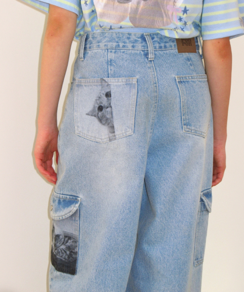 PONY CAT FRIENDS CARGO DENIM PANTS LIGHT BLUE