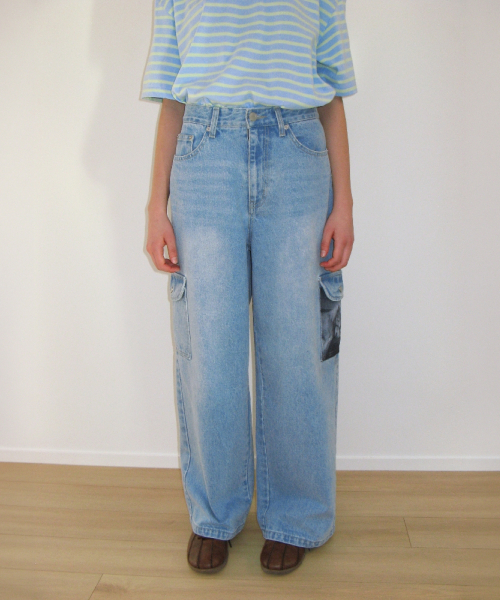 PONY CAT FRIENDS CARGO DENIM PANTS LIGHT BLUE