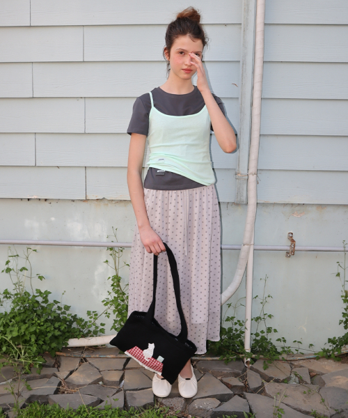 SHEER PATTERN STRING LONG SKIRT DOT GREY