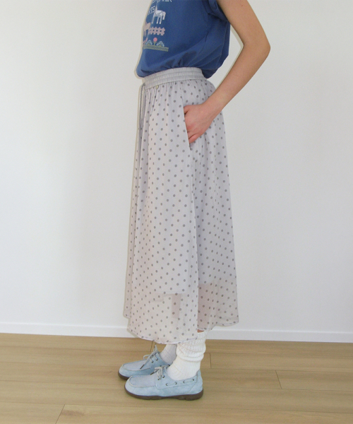 SHEER PATTERN STRING LONG SKIRT DOT GREY